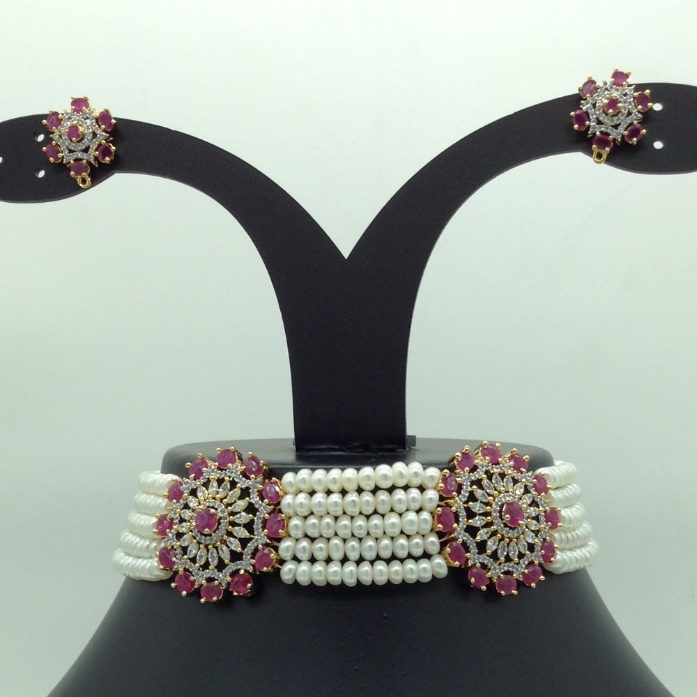 White and red cz choker set with 5 line flat pearls mala jps0622