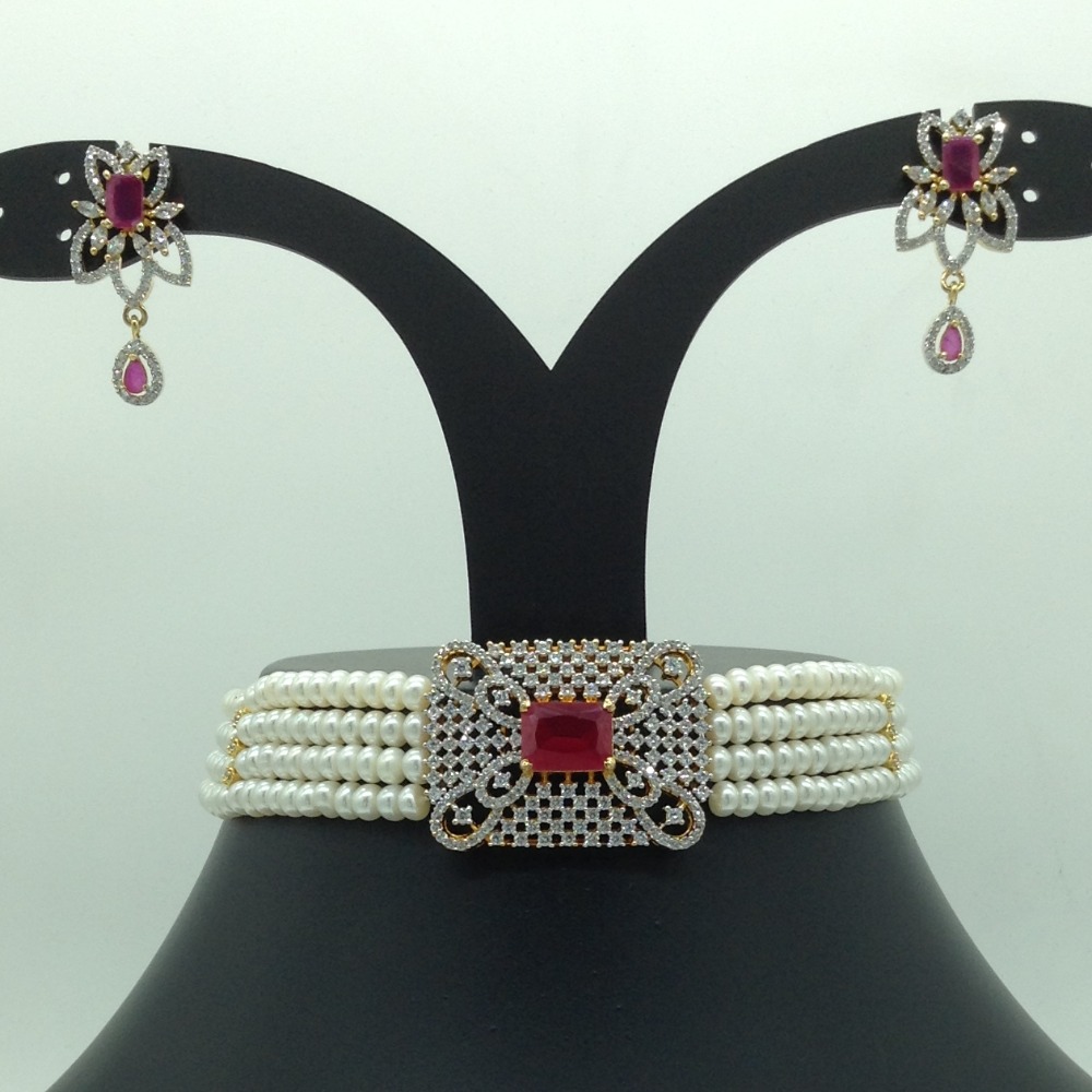 White and Red CZ Choker Set With 4 Line Flat Pearls Mala JPS0621
