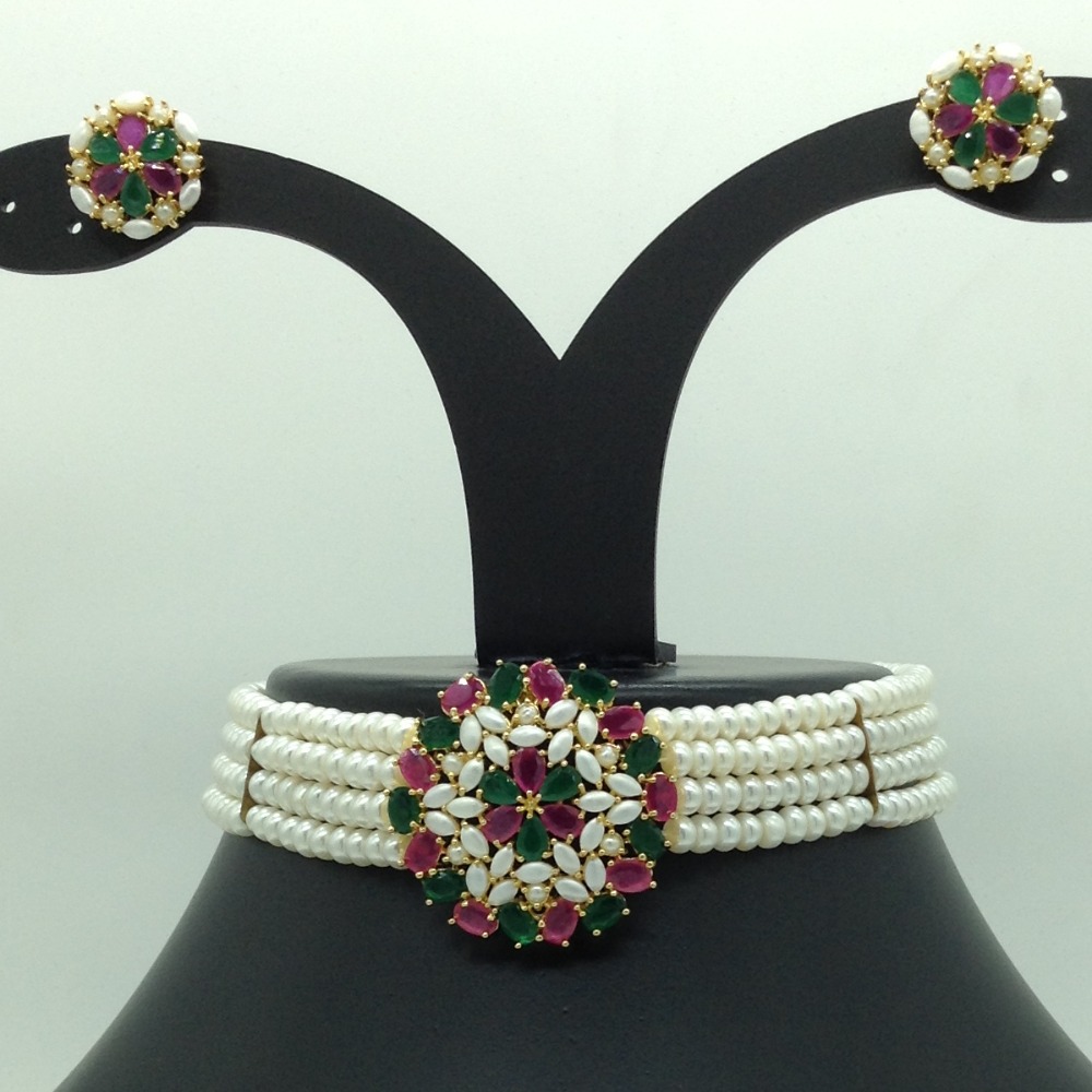 Tri Colour Choker Set With 4 Line Flat Pearls Mala JPS0620