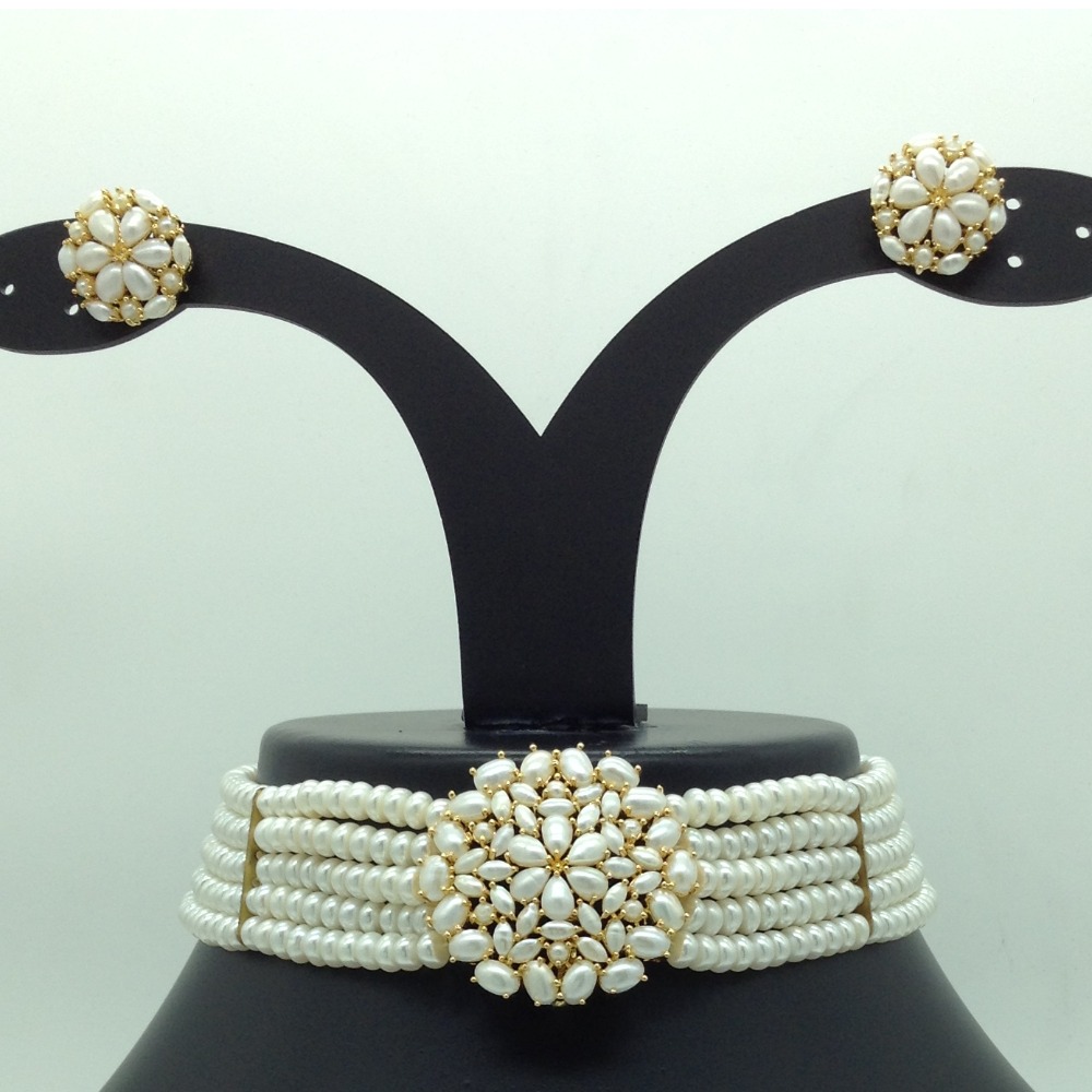 Pearls Choker Set With 5 Line Flat Pearls Mala JPS0618