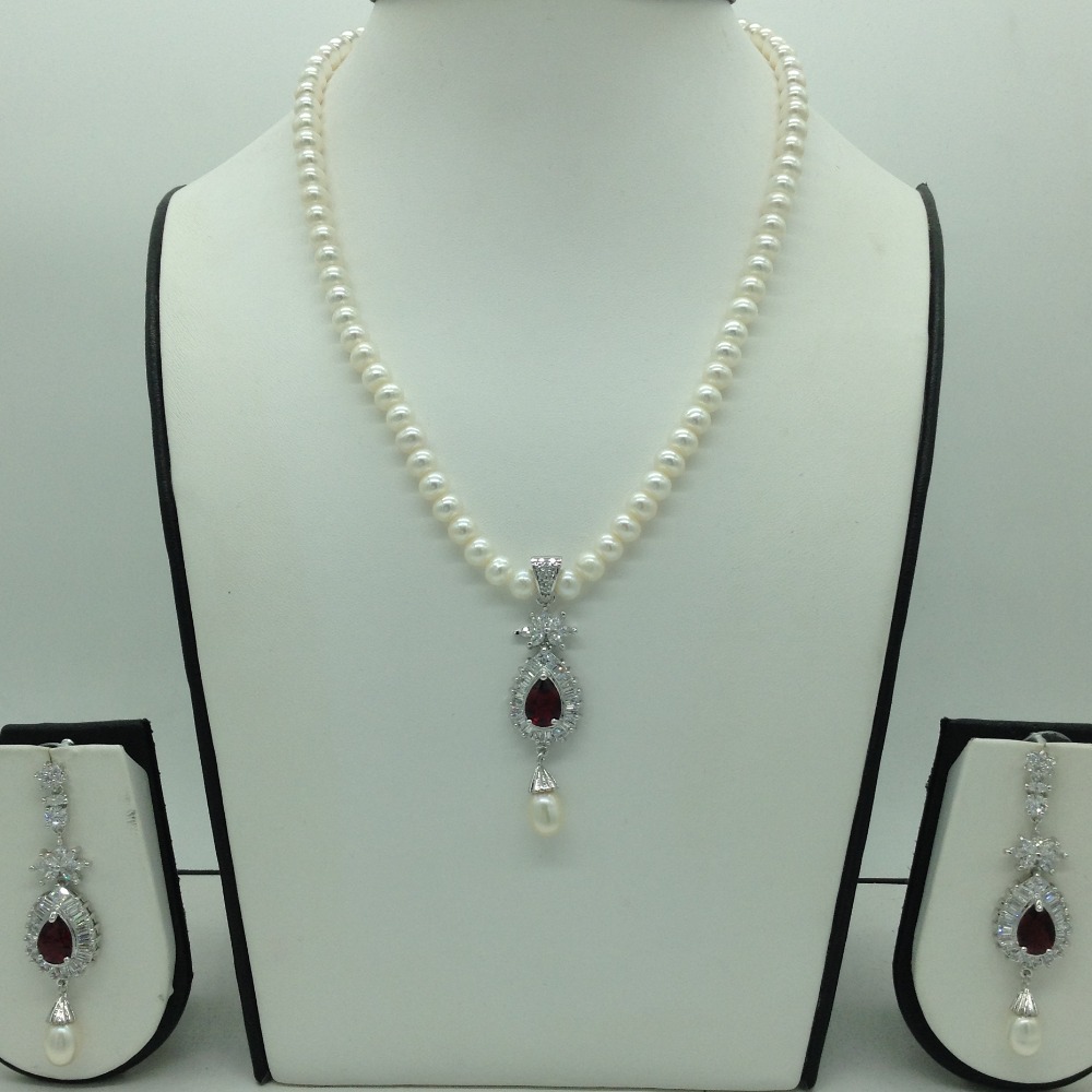 White,red cz pendent set with flat pearls mala jps0616