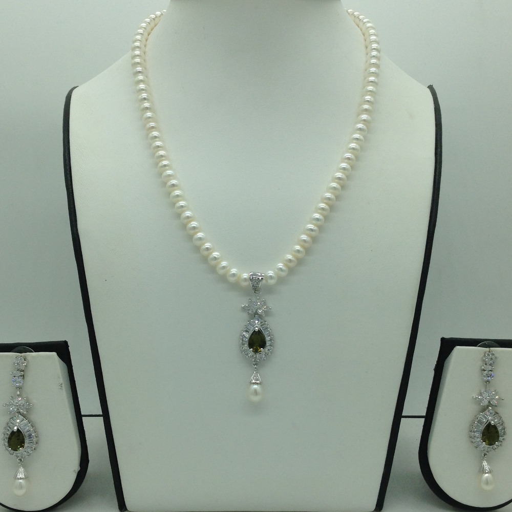 White,parrot green cz pendent set with flat pearls mala jps0612