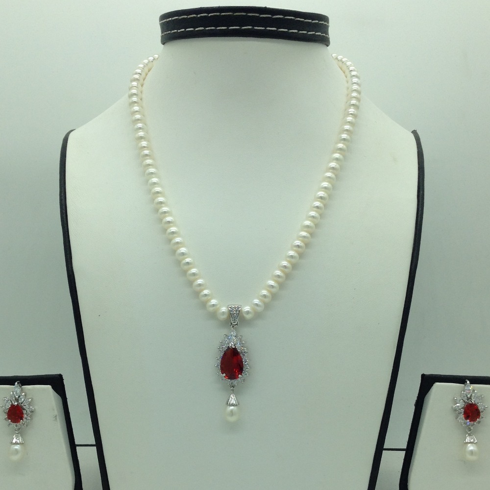White,red cz pendent set with flat pearls mala jps0611
