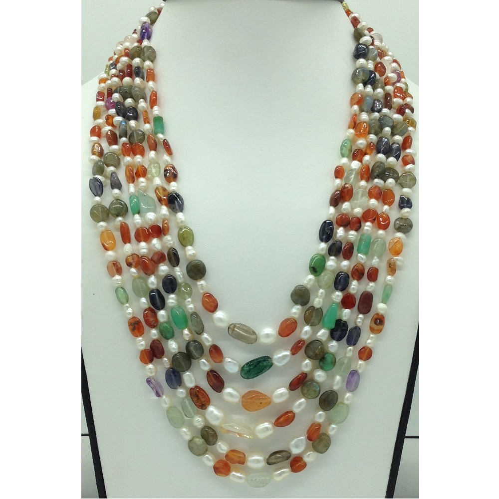 White Oval Pearls With Oval Semi Beeds 6 Layers Necklace JPM0393
