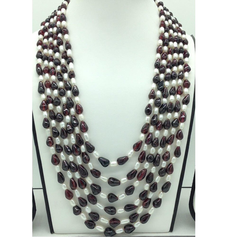Freshwater White Pearls With Garnets 6 Layers Necklace JPM0391