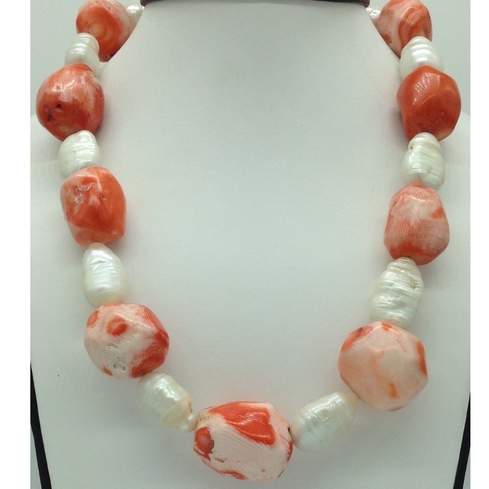 White Oval Baroque Pearls With Coral Drums Necklace JPM0387