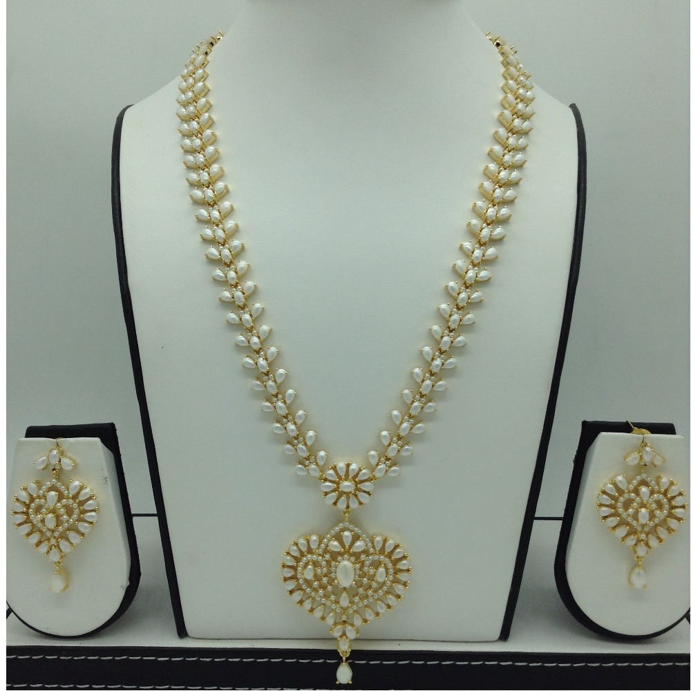 Freshwater white button pearls long haar set jnc0105