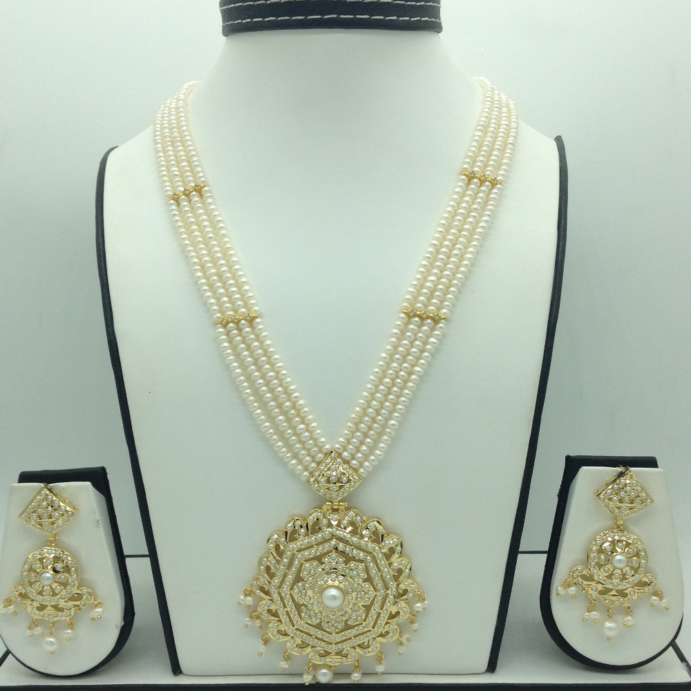 Natural pearls ranihaar set with 4 line flat pearls mala jps0607