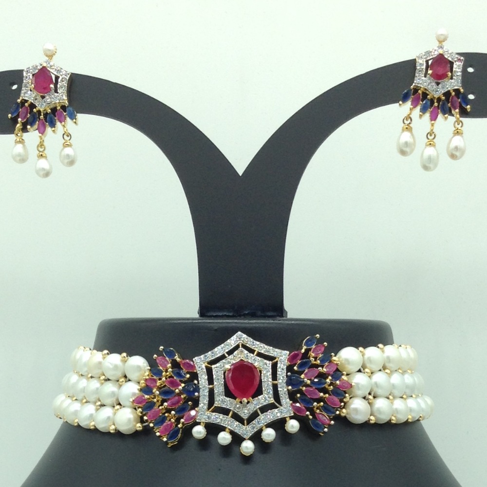 Tricolour CZ Stones Choker Set With Button Jali Pearls Mala JPS0584