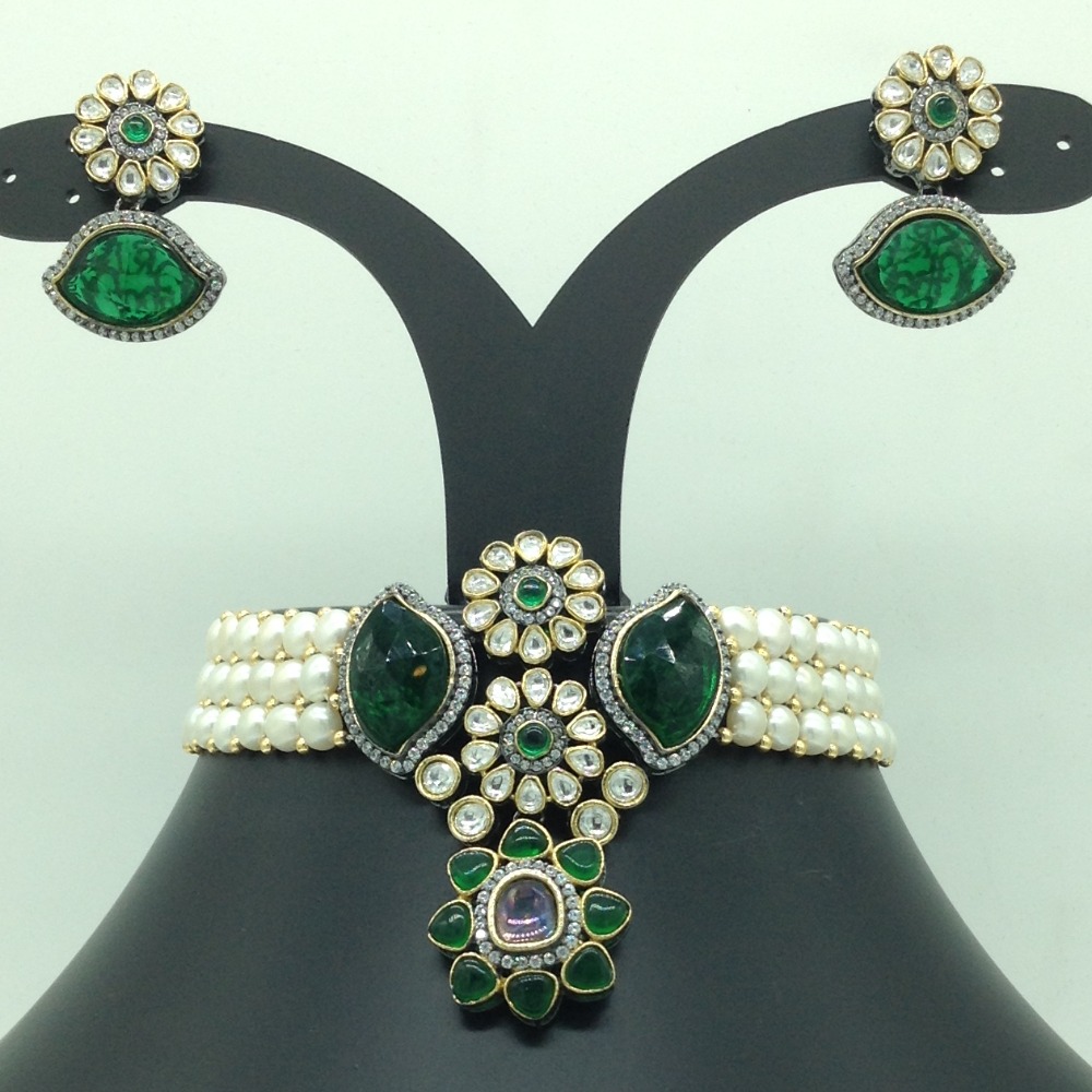 White,Green CZ Choker Set With Button Jali Pearls Mala JPS0582