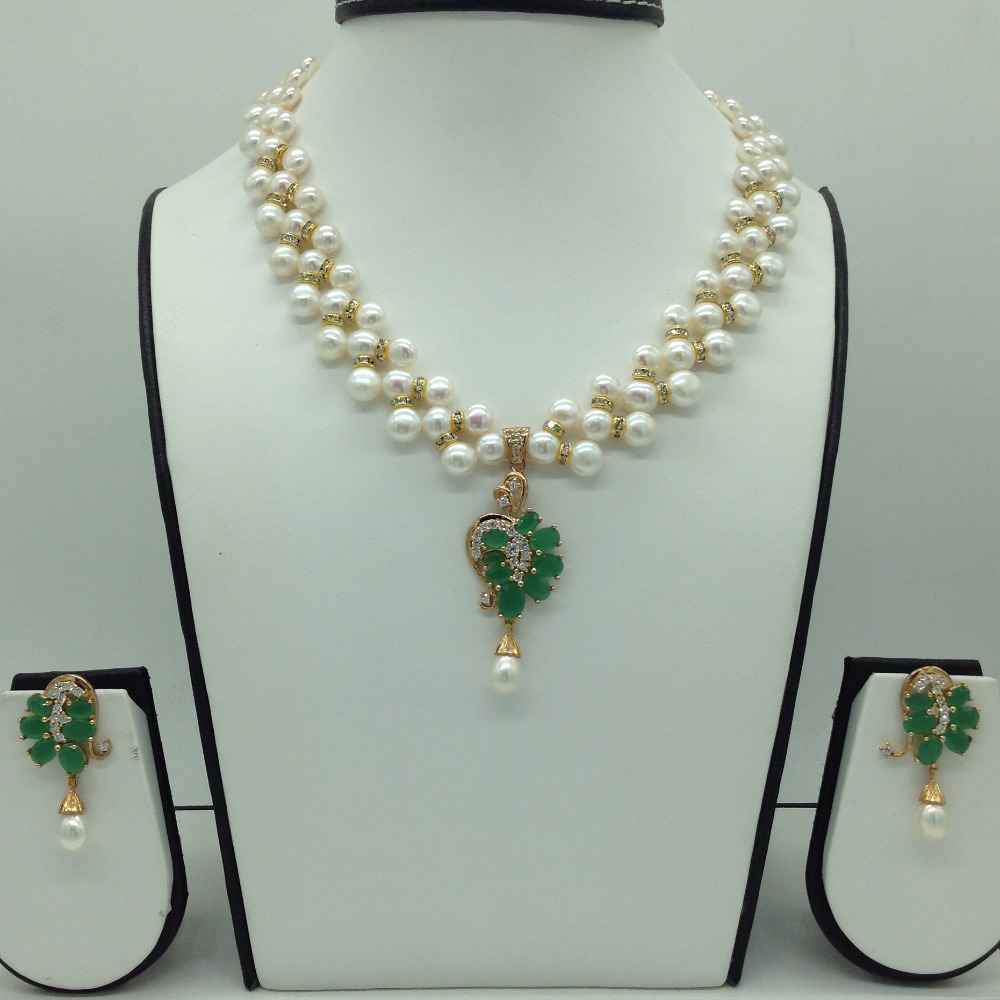 White,green cz pendent set with white zigzag mala jps0573