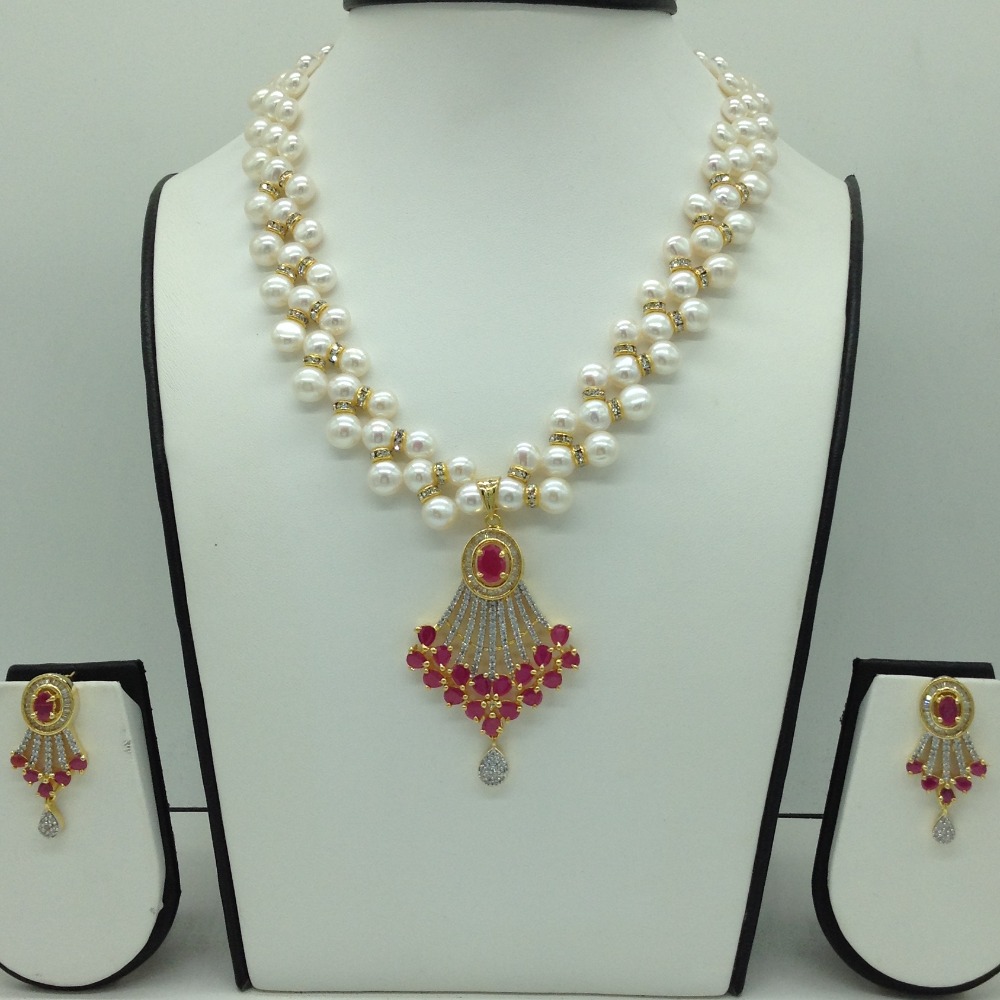 White,red cz pendent set with white zigzag mala jps0571