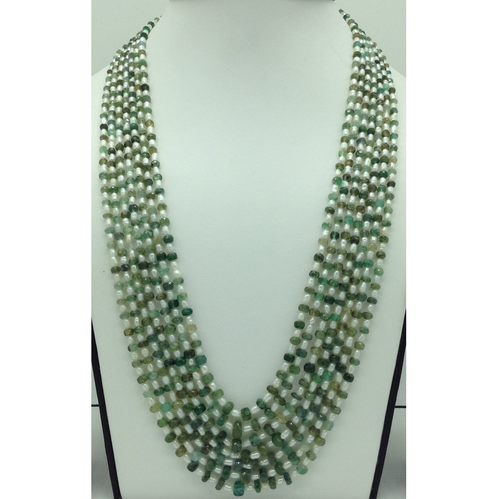 White Rice Pearls With Emeralds 7 Layers Necklace JPM0384