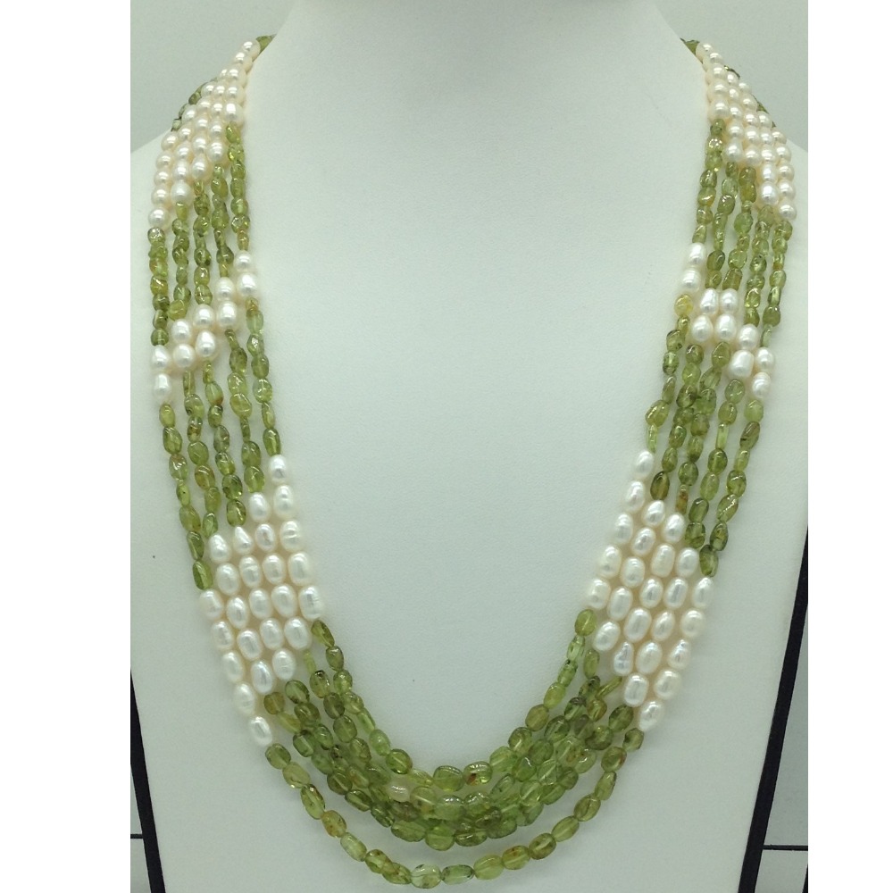 White Oval Pearls With Peridot 5 Layers Necklace JPM0381