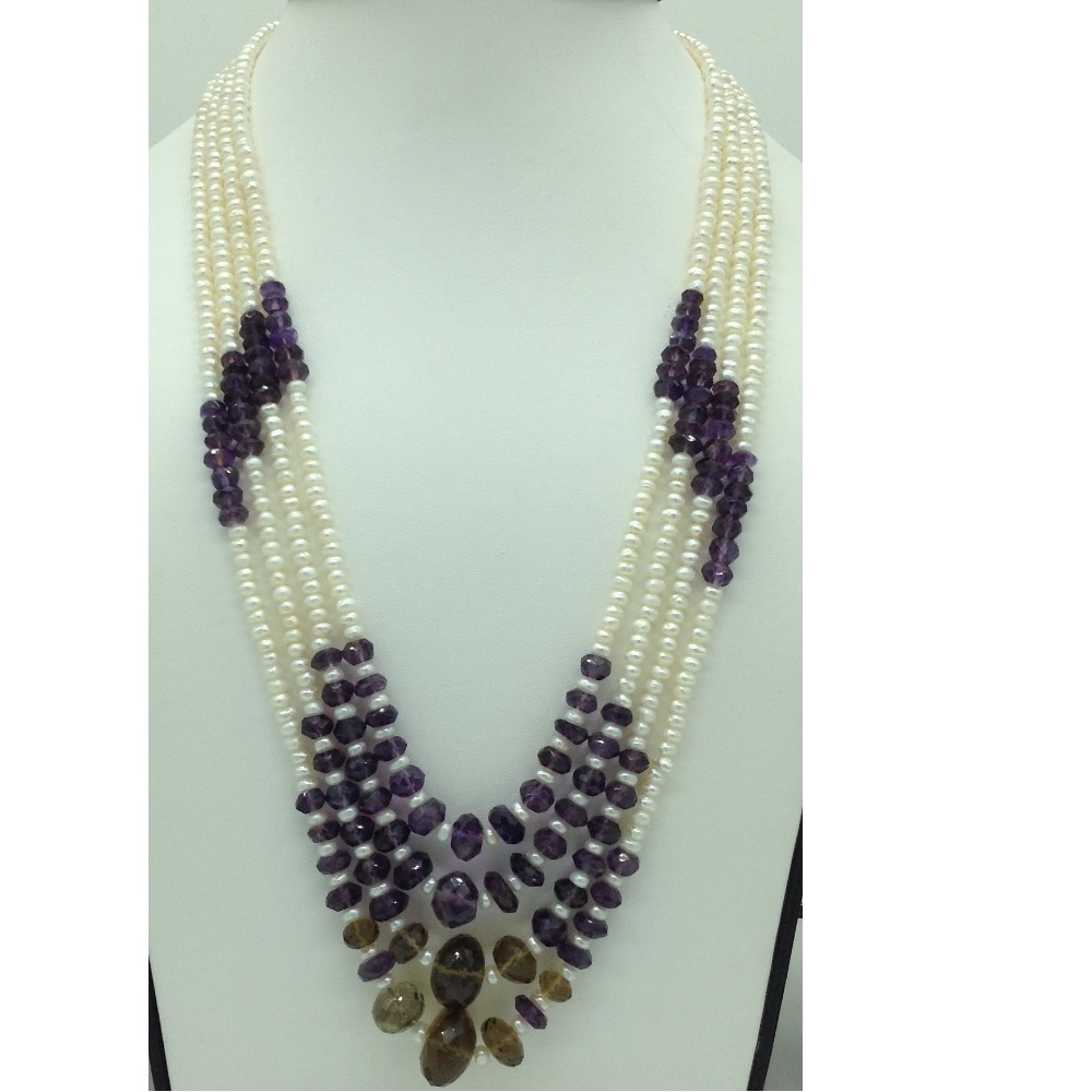 White Pearls With Amethyst 4 Layers Necklace JPM0379