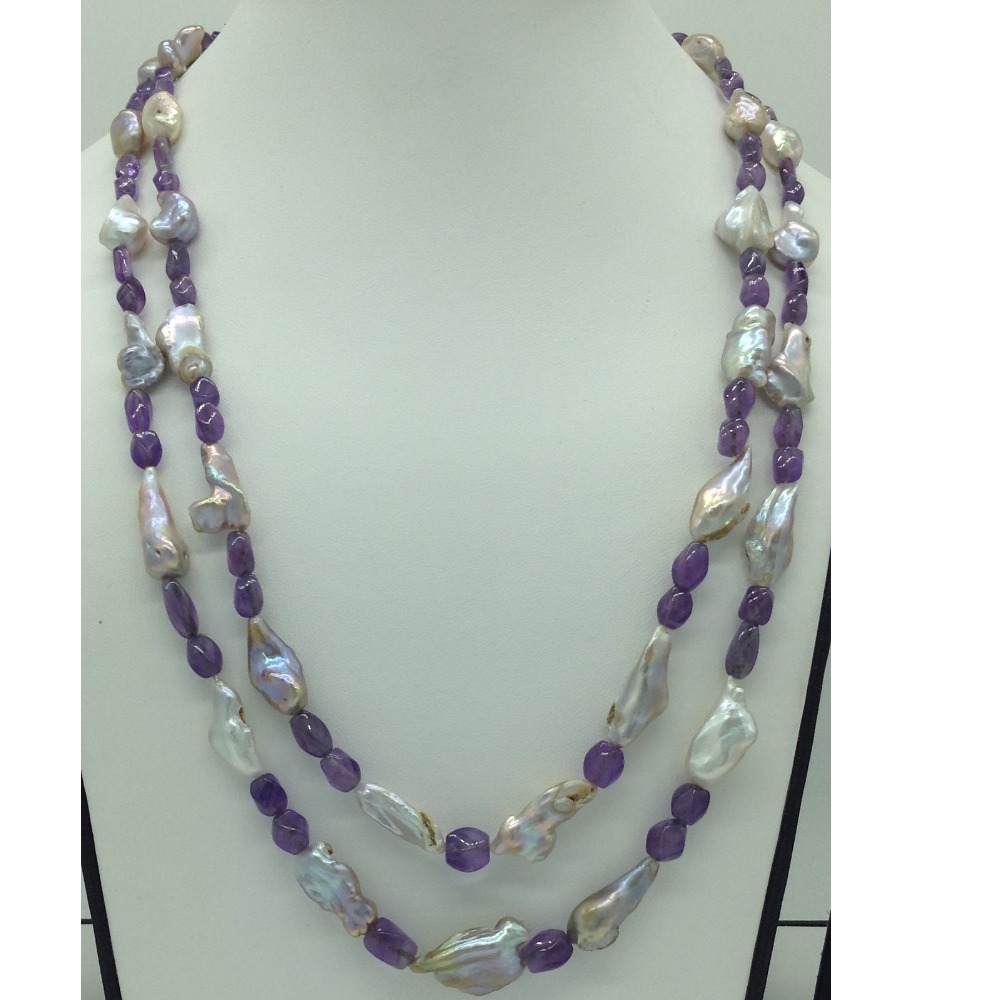 Freshwater Grey Pearls With Amethyst 2 Layers Necklace JPM0376