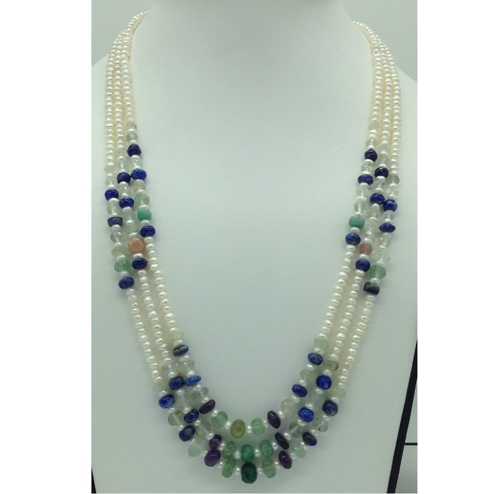 Freshwater White Pearls With Stones 3 Layers Necklace JPM0375