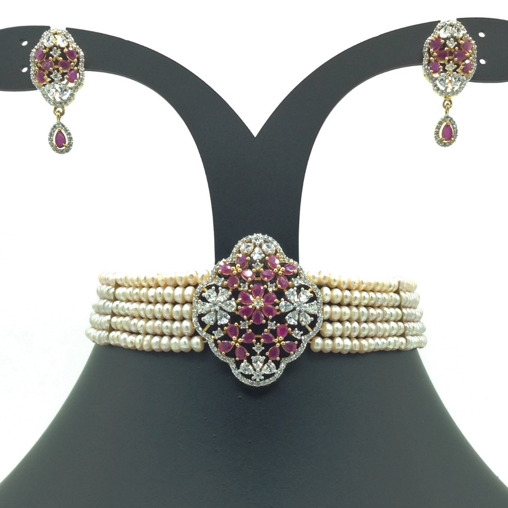 White And Red CZ  Choker Set With 5 Line Pink Pearls Mala JPS0565