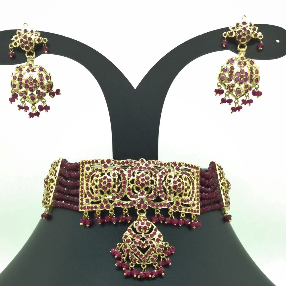 Red Ruby Amritsar Choker Set With 6 Line Red Beeds Mala JPS0564