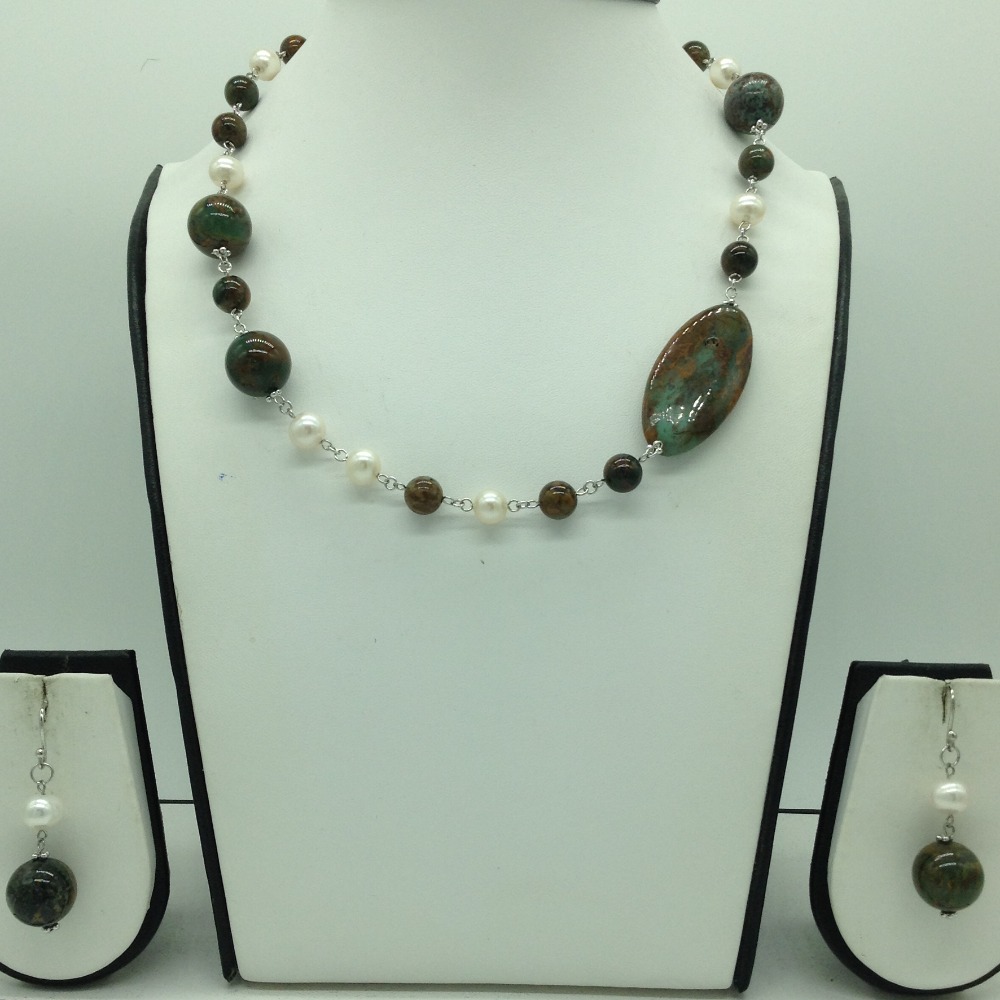 Freshwater cream pearls and melagite silver chain set jnc0095
