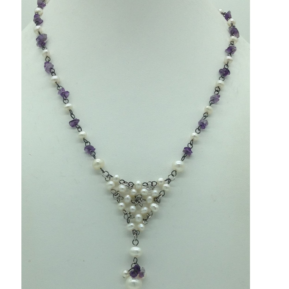 Freshwater white pearls and amethyst silver chain jnc0092