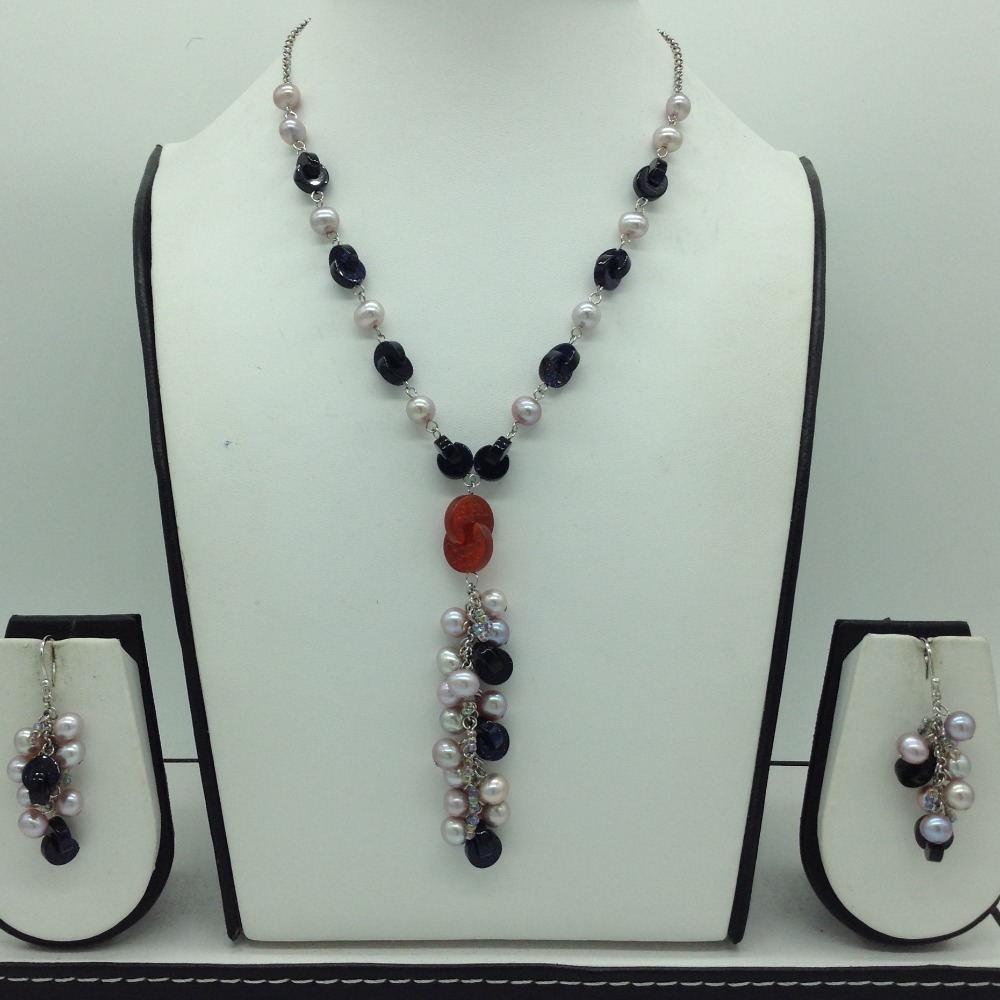 Freshwater pink pearls and blue sandstone silver chain set jnc0091
