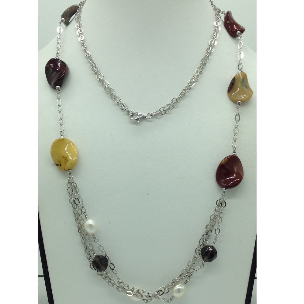 Freshwater white pearls and semi tumbles silver chain jnc0090