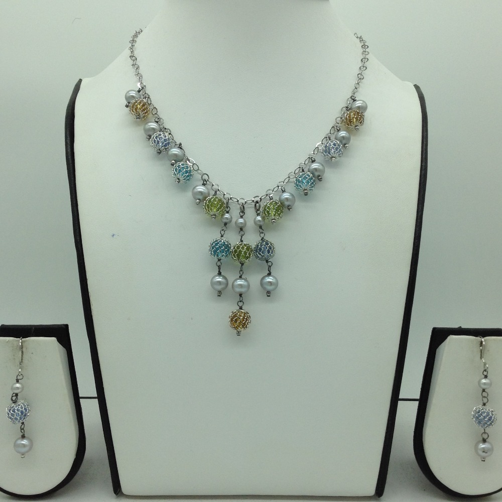Freshwater grey pearls and semi beeds silver chain set jnc0088