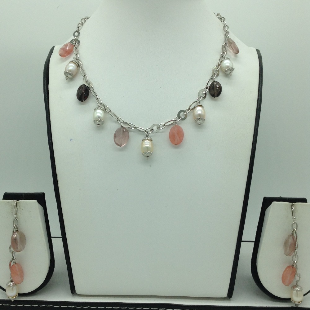 Freshwater white pearls and semi drops silver chain set jnc0086
