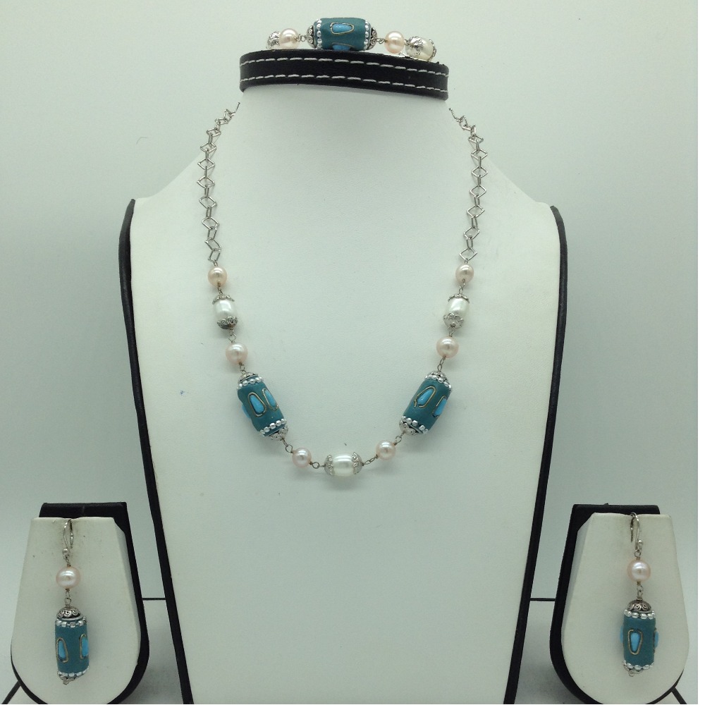 Freshwater white,pink pearls and turquoise silver chain set jnc0085