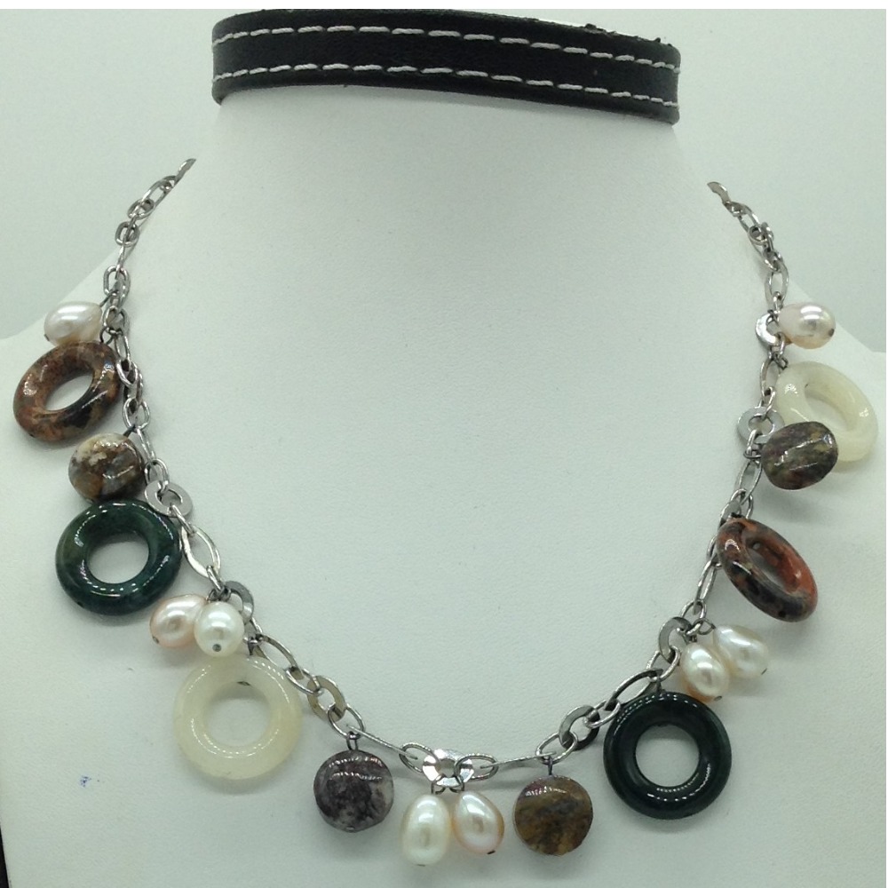 Freshwater white,pink pearls and semi rings silver chain jnc0084