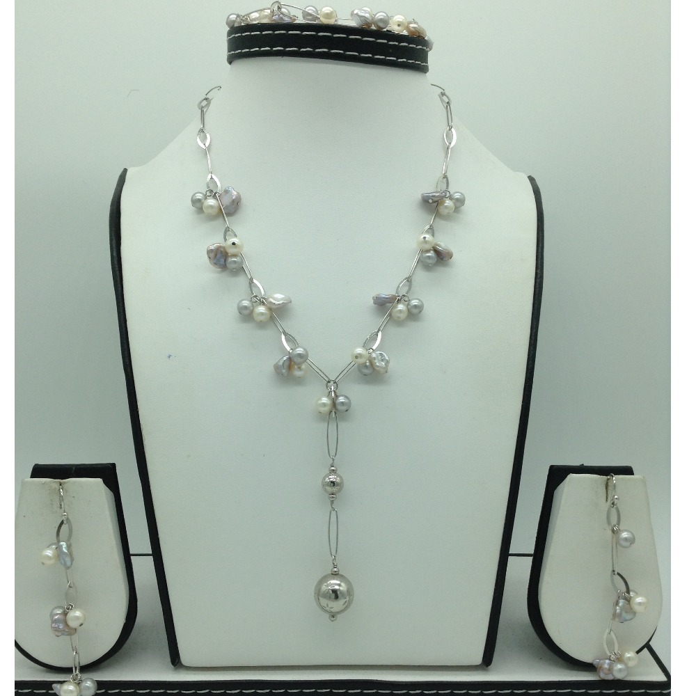 Freshwater white and grey pearls silver chain set jnc0083