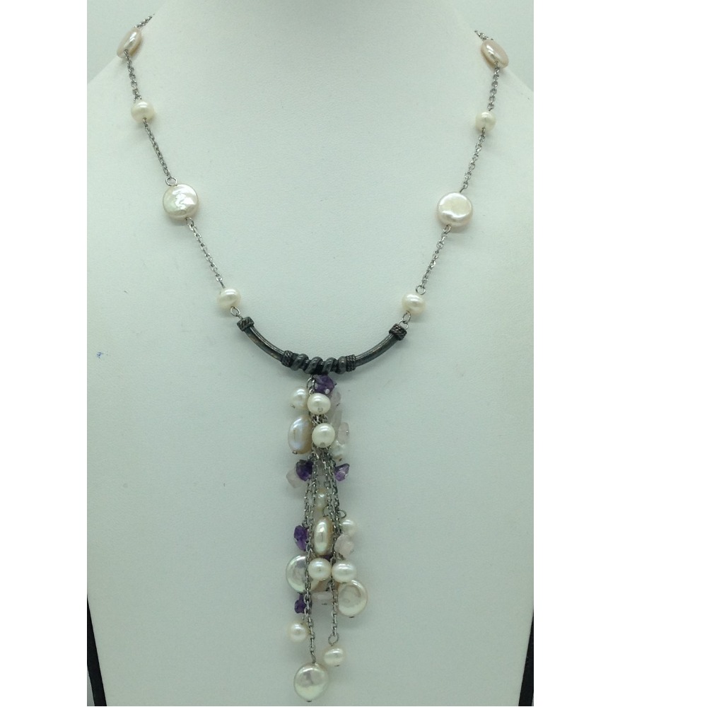 Freshwater white pearls and semi chips silver chain jnc0082