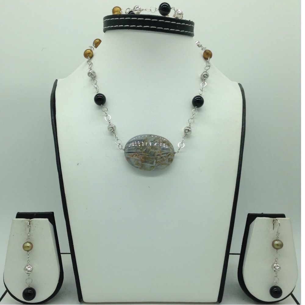 Freshwater brown pearls and black semi silver chain set jnc0081