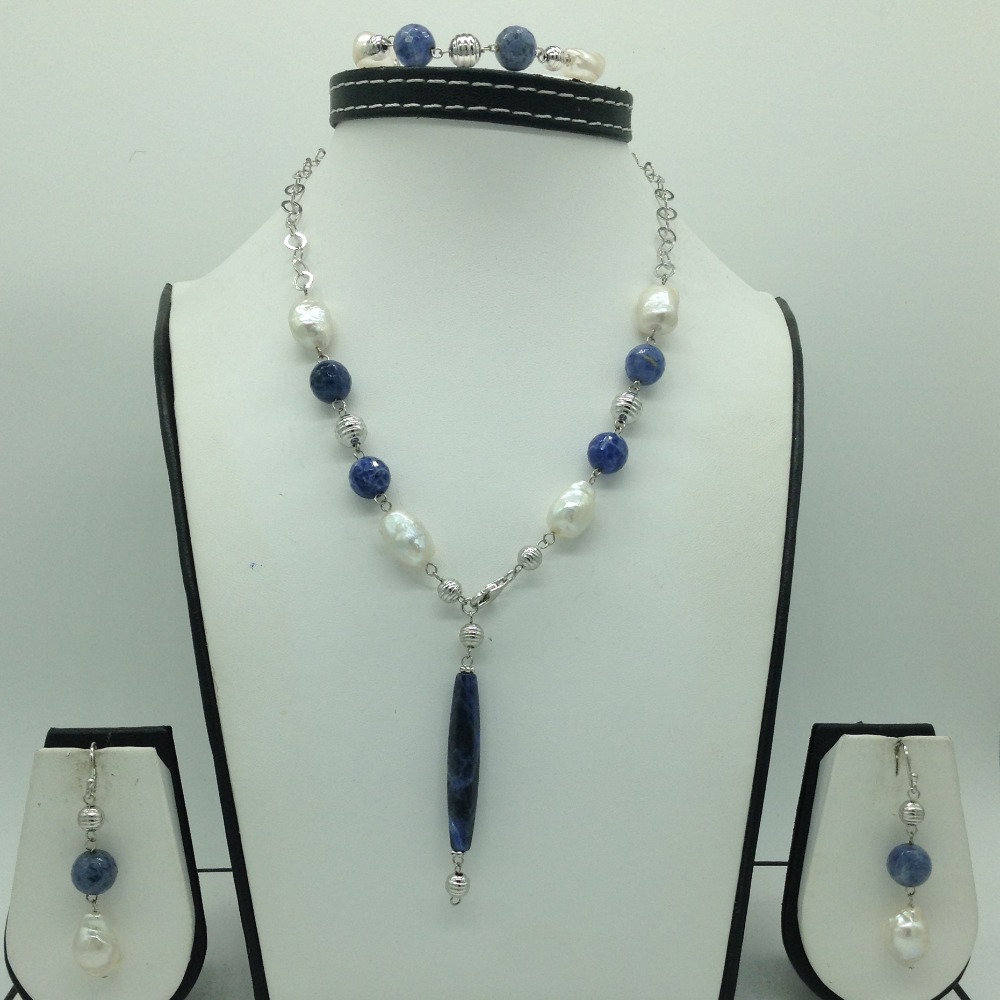 Freshwater white pearls and lapis lazuli silver necklace set jnc0080