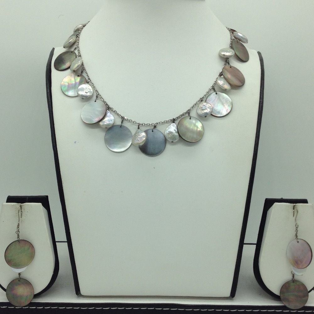 Freshwater grey pearls and grey mop chips silver necklace set jnc0075