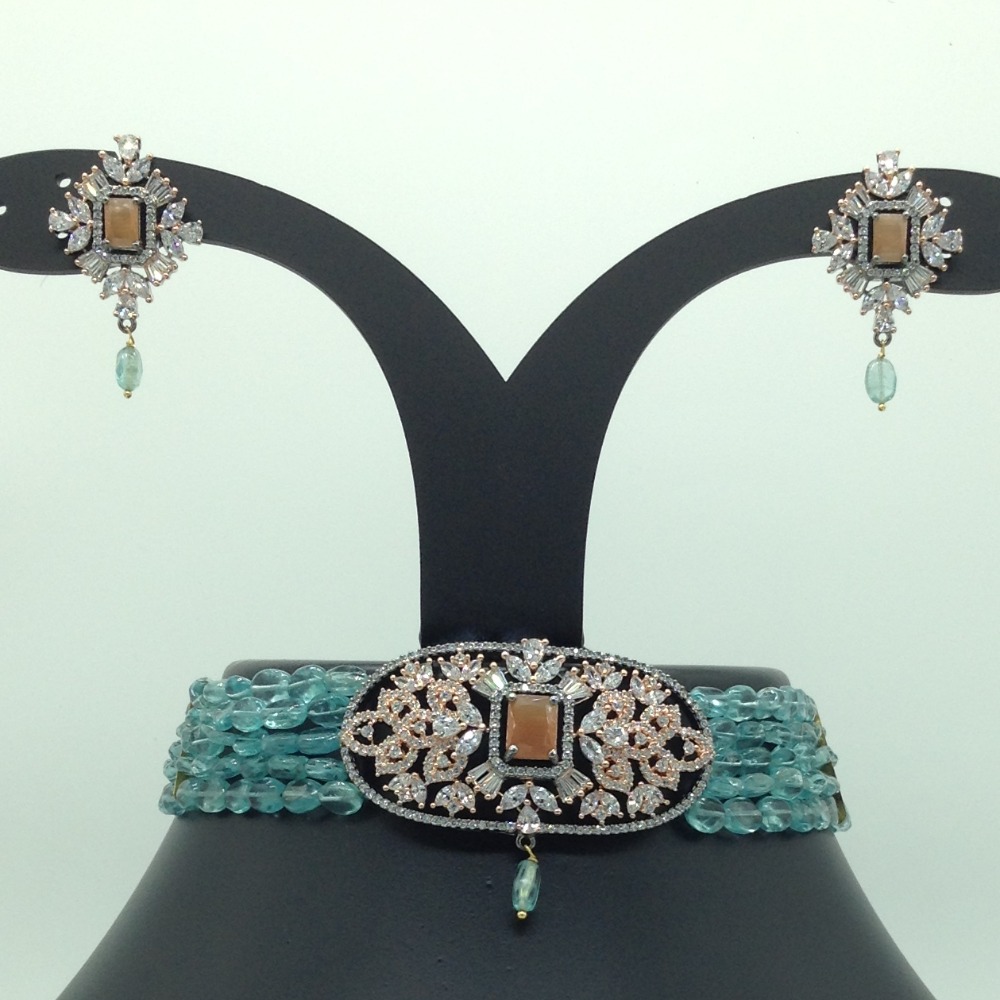 White And Orange CZ Choker Set With 5 Line Aquamarine JPS0559