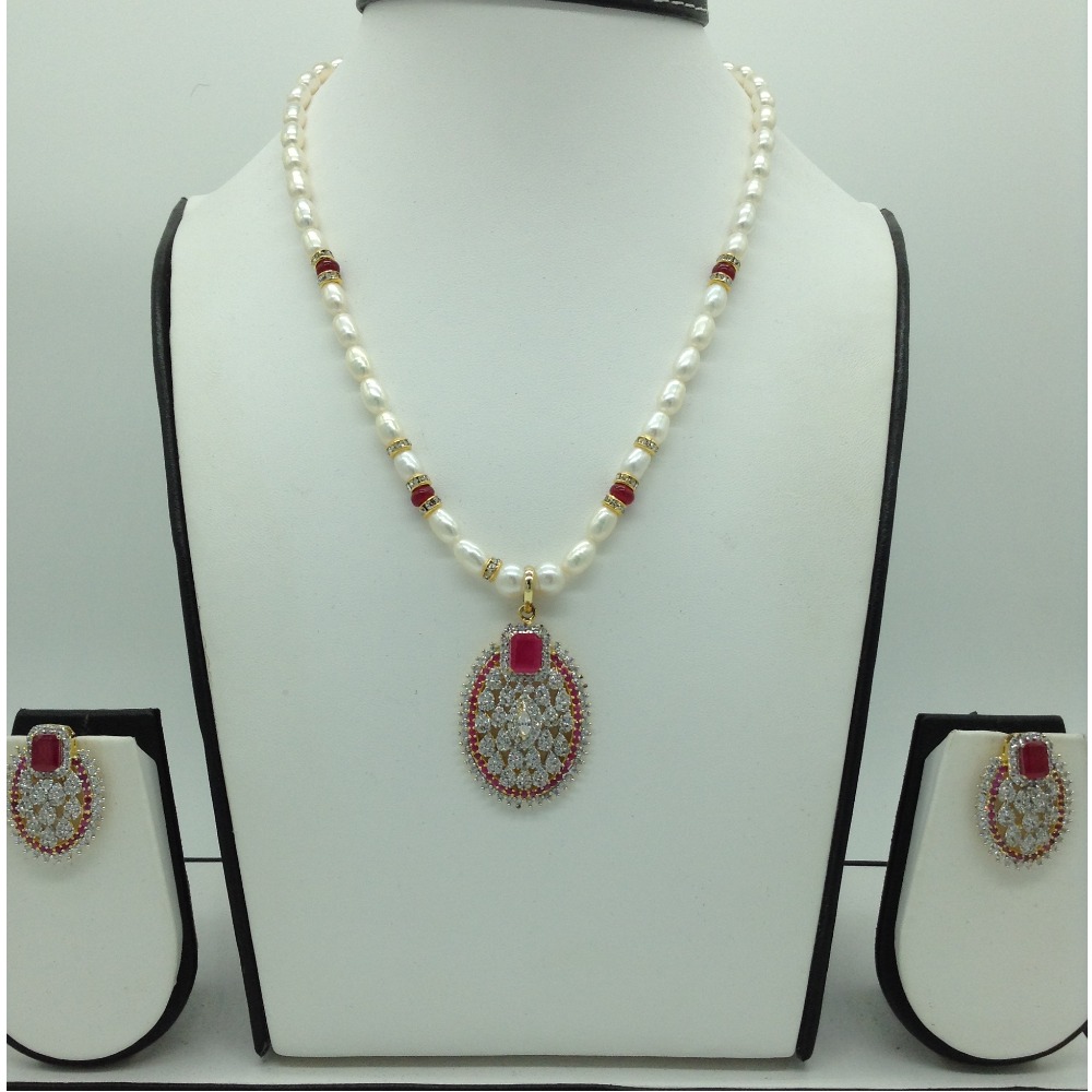 White, red cz pendent set with oval pearls mala jps0556