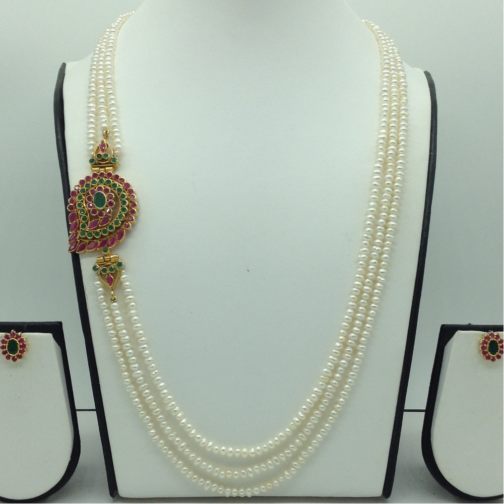 Red And Green CZ Brooch Set With 3 Lines Flat Pearls Mala JPS0555