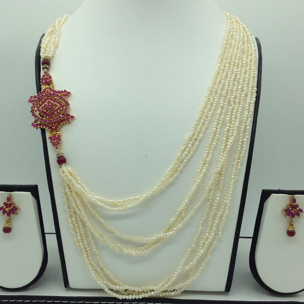 Red CZ Brooch Set With 10 Lines Seed Pearls Mala JPS0553