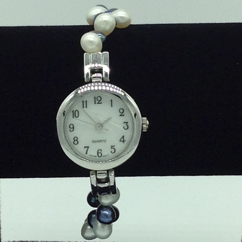 Freshwater White and Black Oval ZigZag Pearls 1 Layers Watch JBG0259