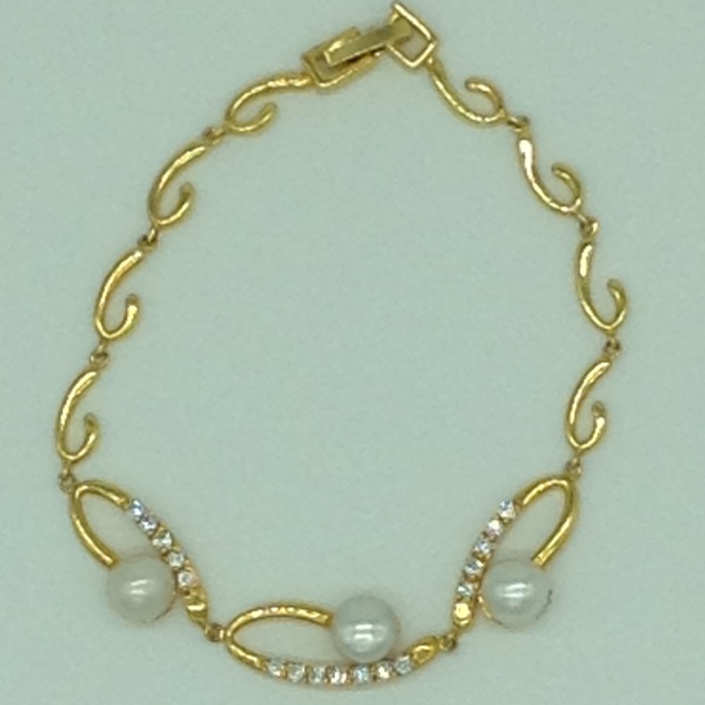 White Button Pearls And White CZ Golden Alloy Chain Bracelet JBG0206