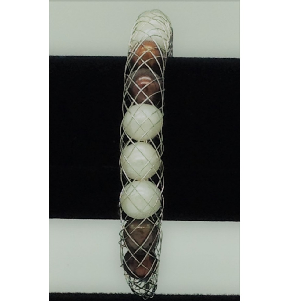 White and Brown Potato Pearls Wire Mesh Bracelet JBG0203