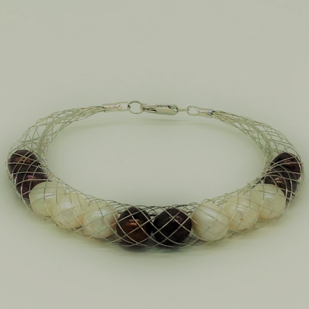 White and Brown Potato Pearls Wire Mesh Bracelet JBG0203