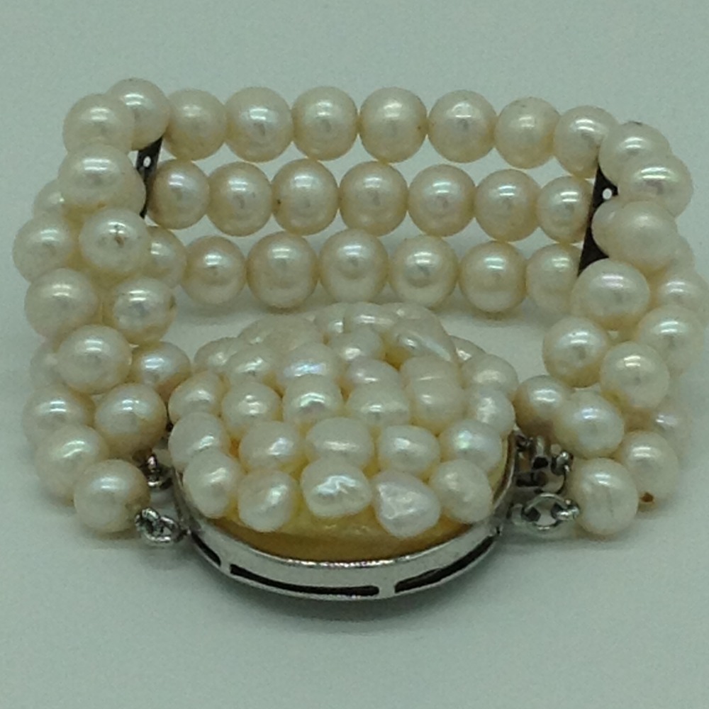 White Round Pearls with Baroque Pearls Clasp 3 Layers Bracelet JBG0197
