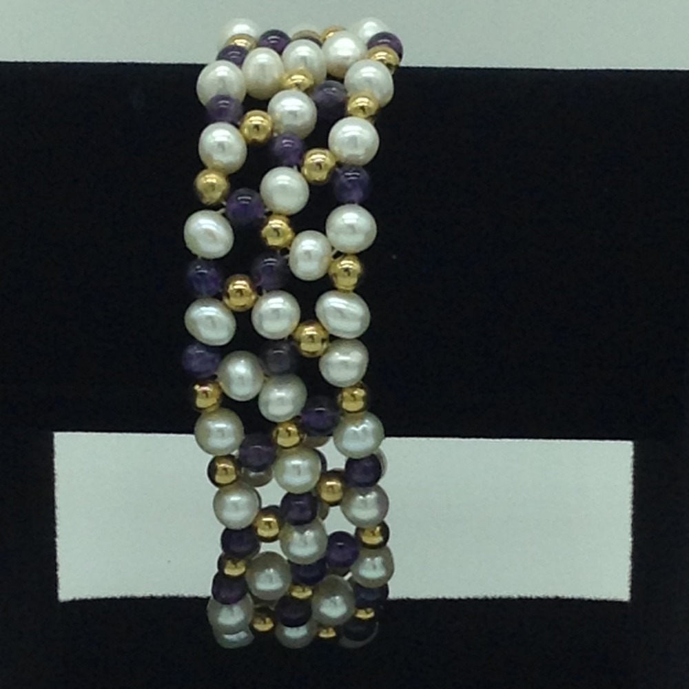 White Round Pearls With Amethyst And Golden Jaco Balls Jali Elastic Bracelet JBG0194