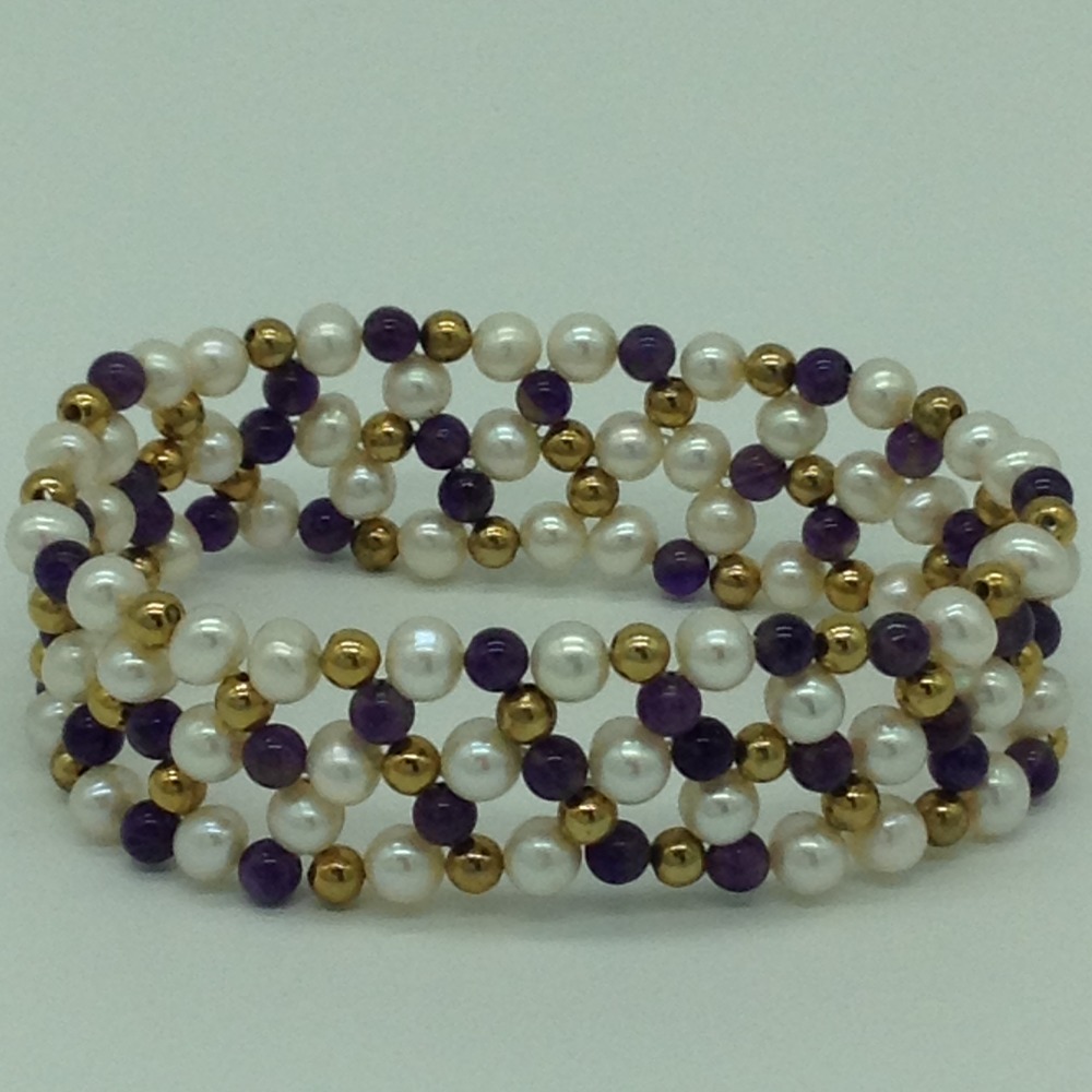 White Round Pearls With Amethyst And Golden Jaco Balls Jali Elastic Bracelet JBG0194