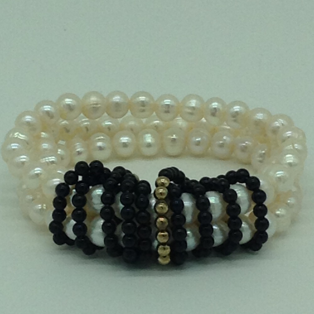 White Potato Pearls With Black Beeds And Golden JAco Balls 3 Layers Elastic Bracelet JBG0182