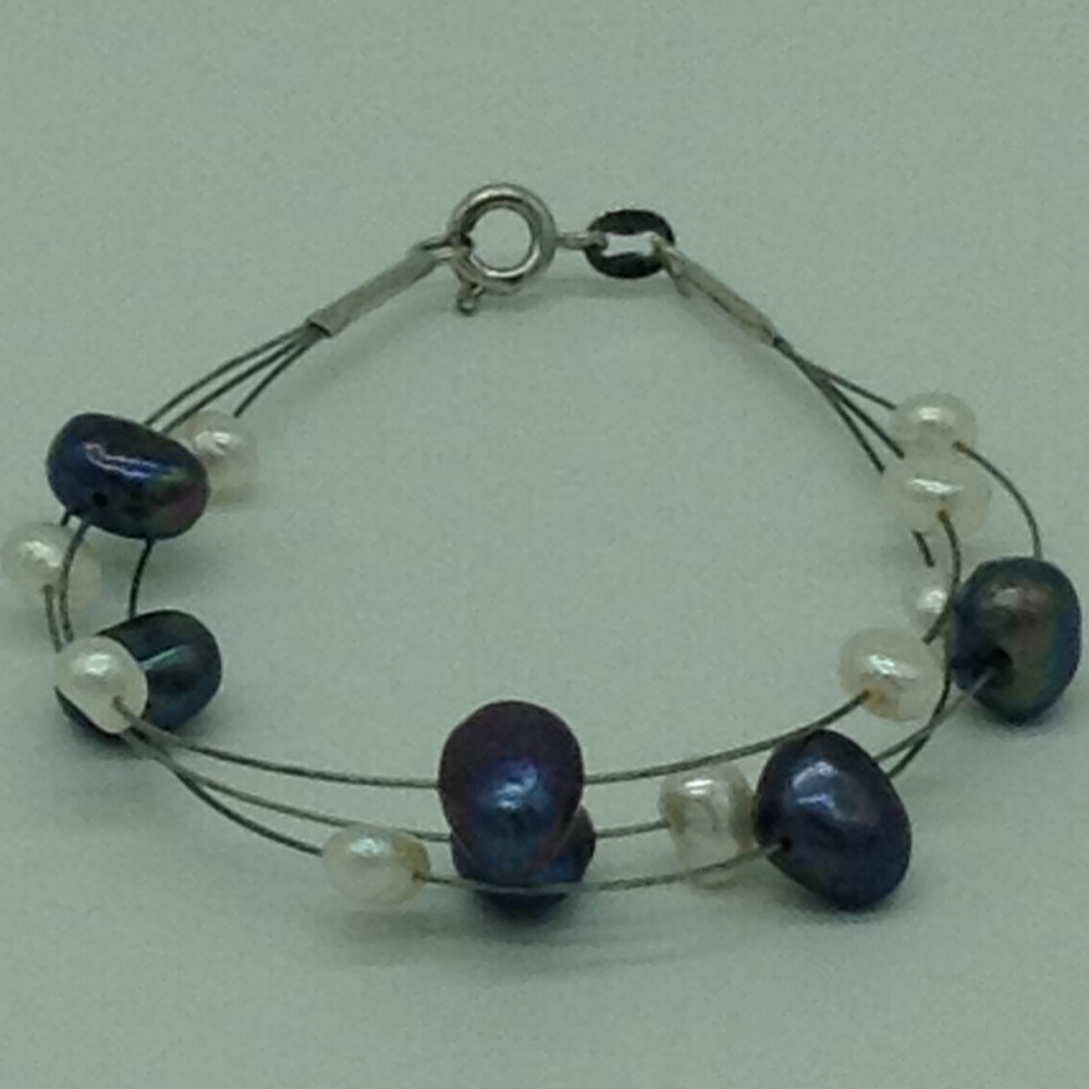 White And Black Potato Pearls 3 Layers Wire Bracelet JBG0179