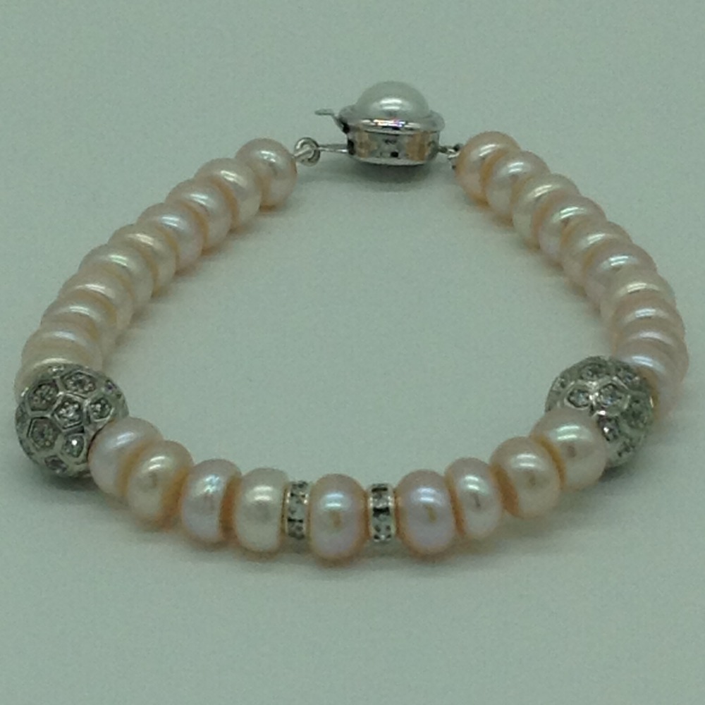 Pink Flat Pearls With CZ White Balls And chakri 1 Layers Bracelet JBG0174